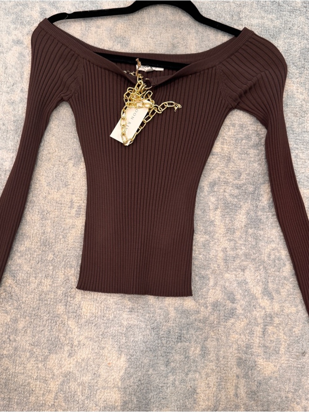 Moon River Brown Ribbed Off-Shoulder Long Sleeve Top